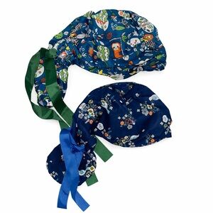 Womens Patterned Scrub Caps -2 Piece Set - Blue and Green
